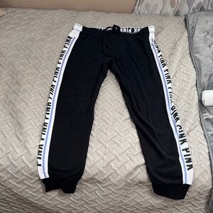 PINK Victoria's Secret Black Track Joggers with White & Blue Side Stripes